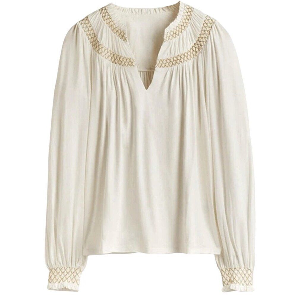 Boden Womens Top UK 12 US 8 Ivory Smocked Yoke Metallic Cottagecore T1069 NWT